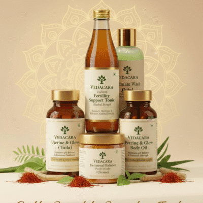 Luxury flat-lay of Vedacara Garbha-Samraksha Sangraha – Fertility & Uterine Health Kit, showcasing five Ayurvedic products (Uterine Health Capsules, Fertility Support Tonic, Detox & Hormonal Balance Powder, Herbal Intimate Wash, Fertility & Glow Body Oil) on a soft beige surface with gold mandala, scattered Ayurvedic herbs, and elegant branding emphasizing natural female wellness.