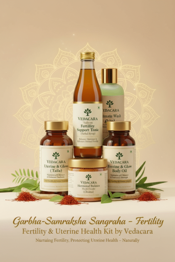 Luxury flat-lay of Vedacara Garbha-Samraksha Sangraha – Fertility & Uterine Health Kit, showcasing five Ayurvedic products (Uterine Health Capsules, Fertility Support Tonic, Detox & Hormonal Balance Powder, Herbal Intimate Wash, Fertility & Glow Body Oil) on a soft beige surface with gold mandala, scattered Ayurvedic herbs, and elegant branding emphasizing natural female wellness.