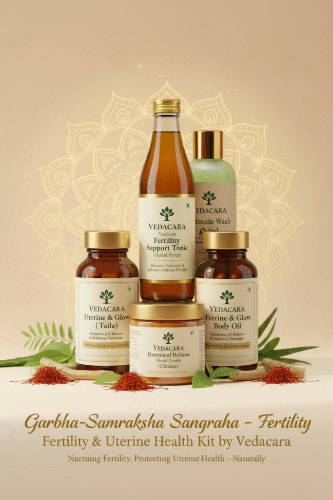 Luxury flat-lay of Vedacara Garbha-Samraksha Sangraha – Fertility & Uterine Health Kit, showcasing five Ayurvedic products (Uterine Health Capsules, Fertility Support Tonic, Detox & Hormonal Balance Powder, Herbal Intimate Wash, Fertility & Glow Body Oil) on a soft beige surface with gold mandala, scattered Ayurvedic herbs, and elegant branding emphasizing natural female wellness.